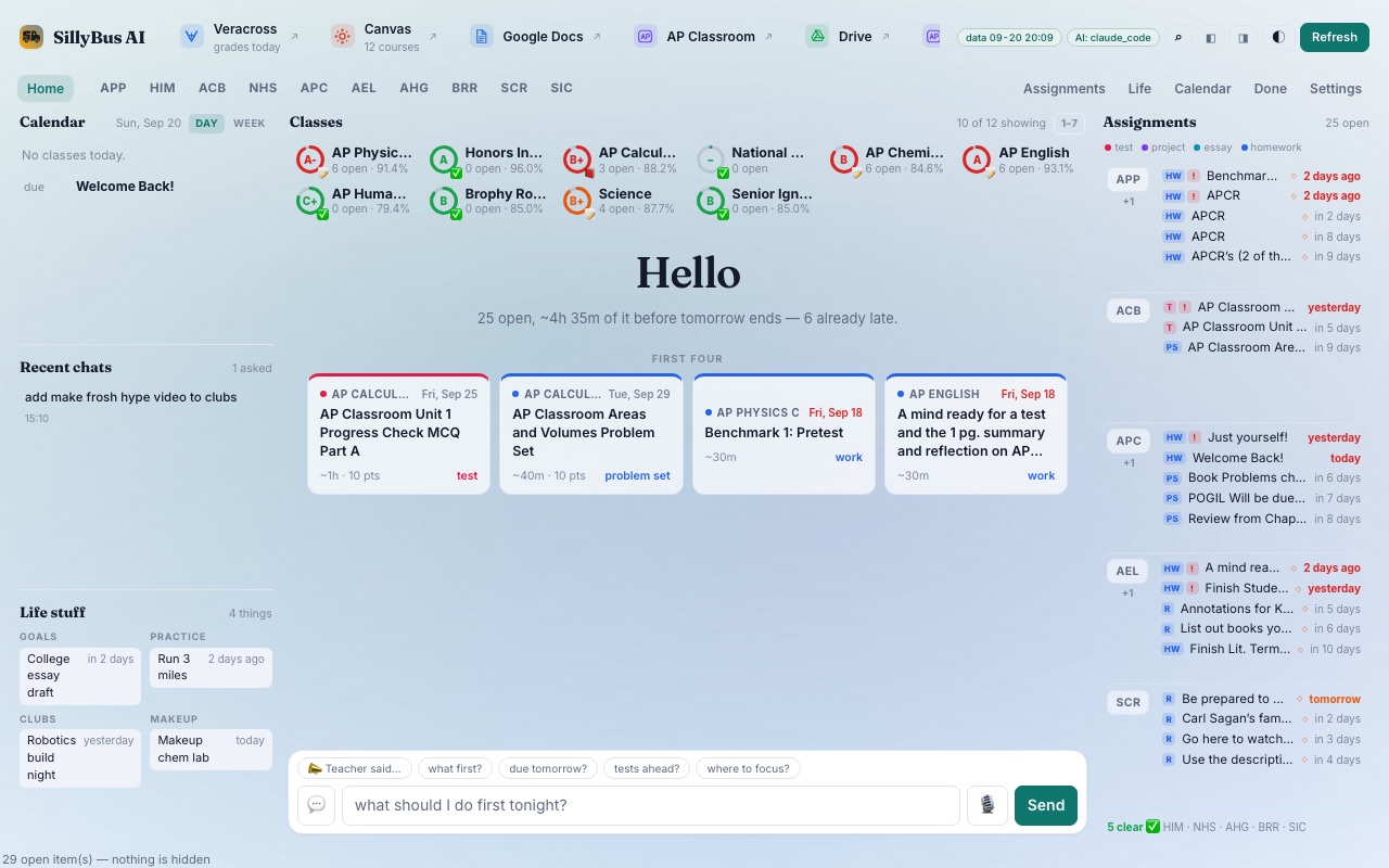 The SillyBus AI board: classes along the top, the first four things to do in the middle, assignments down the right.